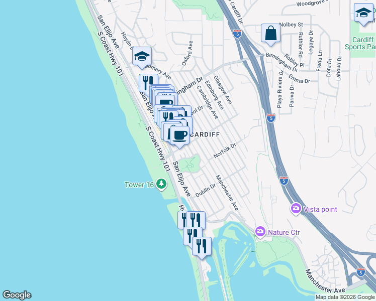 map of restaurants, bars, coffee shops, grocery stores, and more near 2140 Orinda Drive in Encinitas
