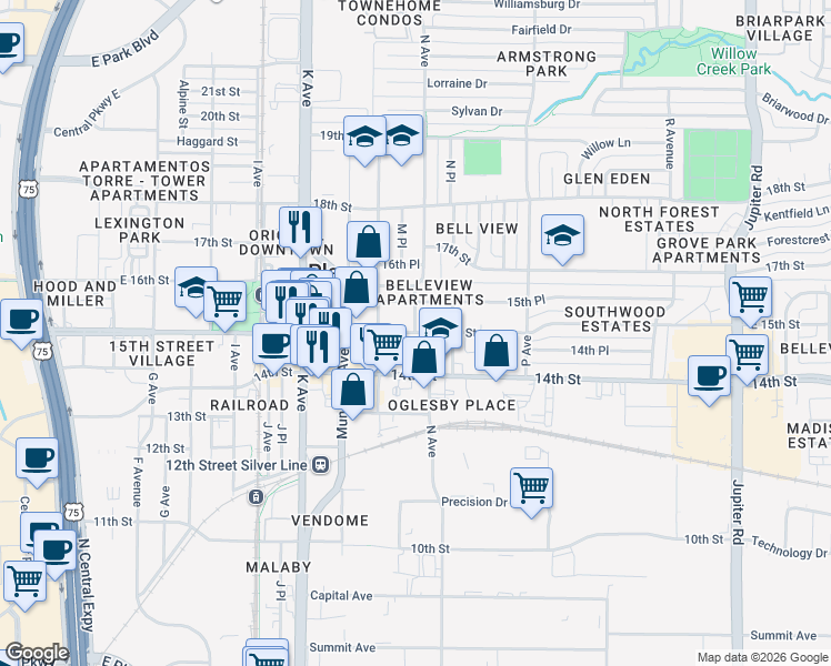 map of restaurants, bars, coffee shops, grocery stores, and more near 1400 East 15th Street in Plano