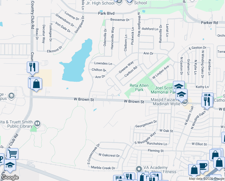 map of restaurants, bars, coffee shops, grocery stores, and more near 1315 West Brown Street in Wylie