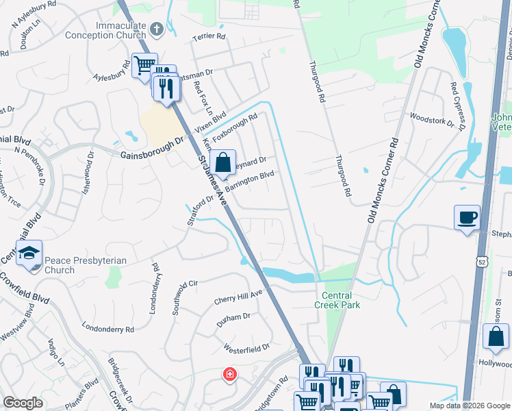 map of restaurants, bars, coffee shops, grocery stores, and more near 114 Kennington Drive in Goose Creek