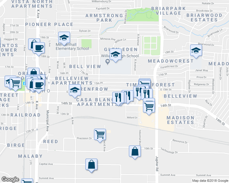 map of restaurants, bars, coffee shops, grocery stores, and more near 1712 East 15th Street in Plano
