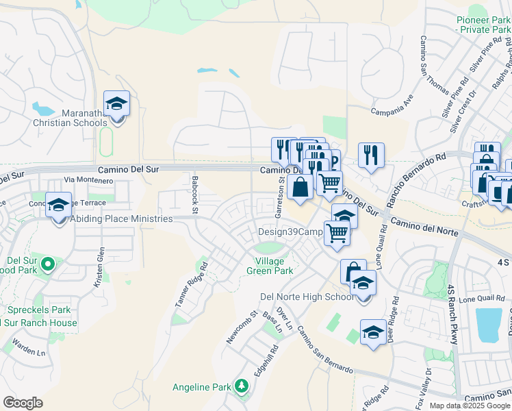 map of restaurants, bars, coffee shops, grocery stores, and more near 15975 Parkview Loop in San Diego