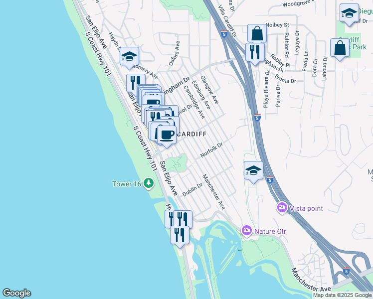 map of restaurants, bars, coffee shops, grocery stores, and more near 2265A Manchester Avenue in Encinitas