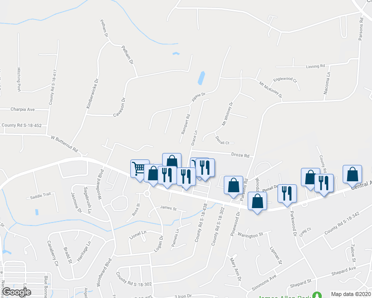 map of restaurants, bars, coffee shops, grocery stores, and more near 3017 Rampart Road in Summerville