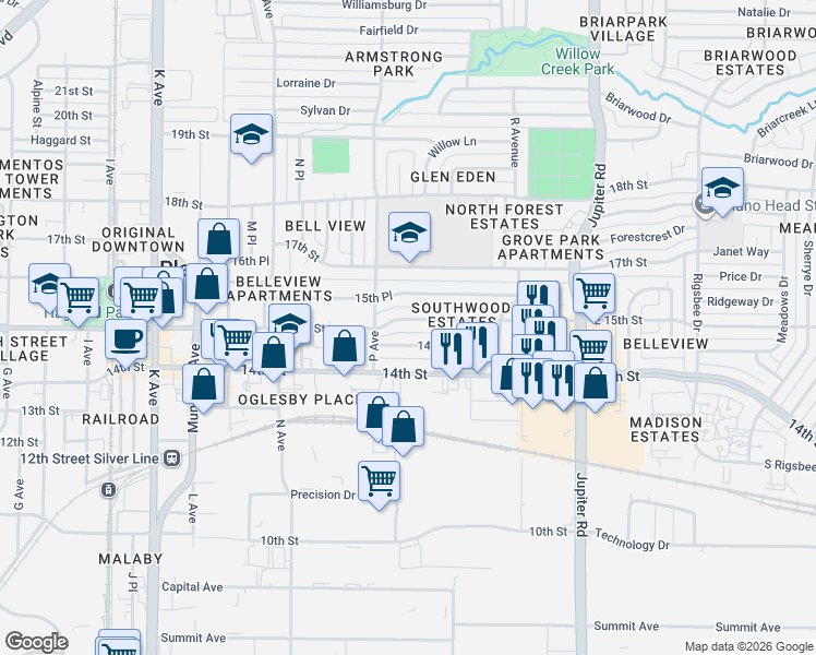 map of restaurants, bars, coffee shops, grocery stores, and more near 1707 East 15th Street in Plano