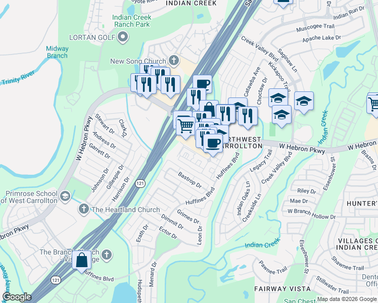 map of restaurants, bars, coffee shops, grocery stores, and more near 4025 Huffines Boulevard in Carrollton