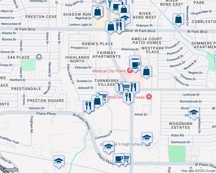 map of restaurants, bars, coffee shops, grocery stores, and more near 4045 West 15th Street in Plano