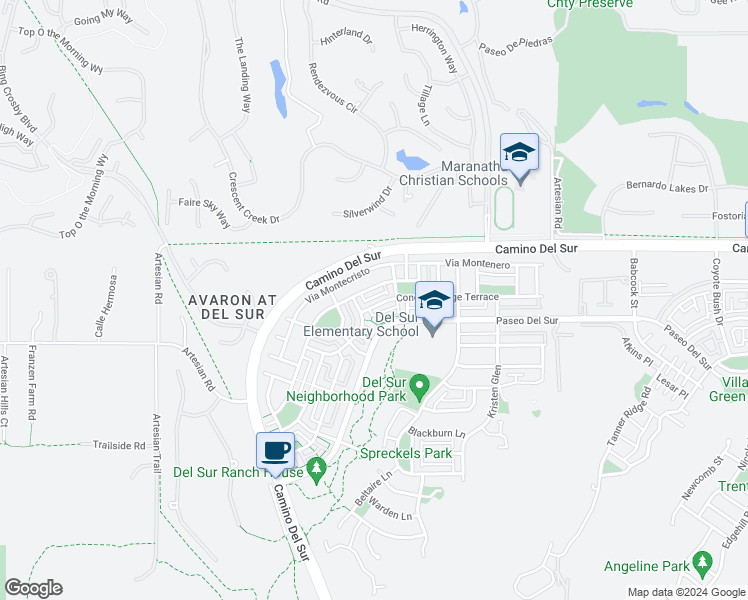 map of restaurants, bars, coffee shops, grocery stores, and more near 15682 Concord Ridge Terrace in San Diego