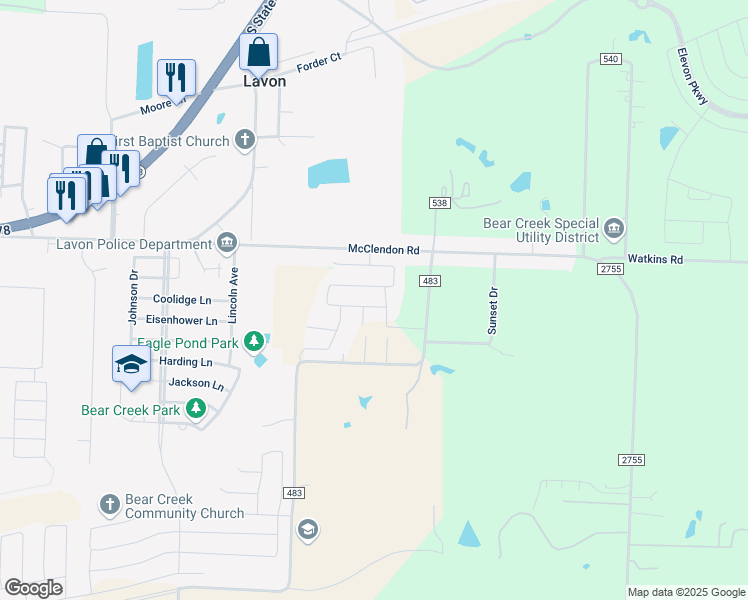 map of restaurants, bars, coffee shops, grocery stores, and more near 269 Hawthorn Drive in Lavon