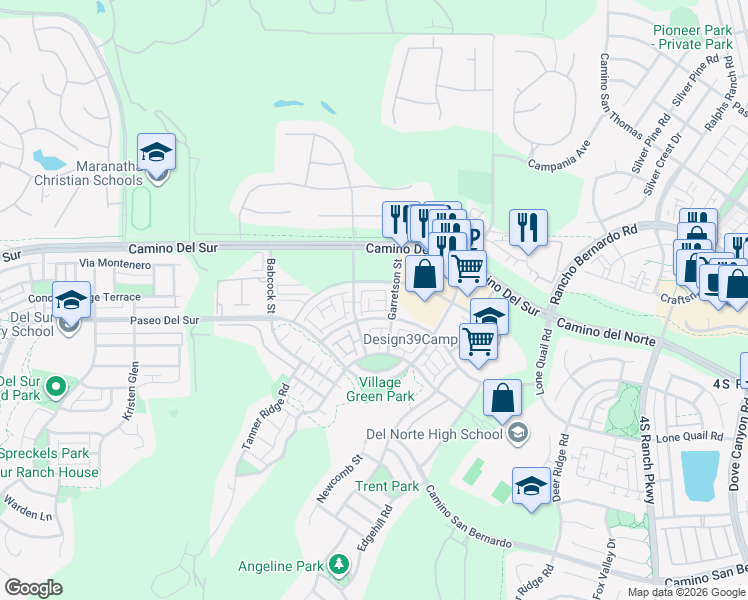 map of restaurants, bars, coffee shops, grocery stores, and more near 15975 Parkview Loop in San Diego