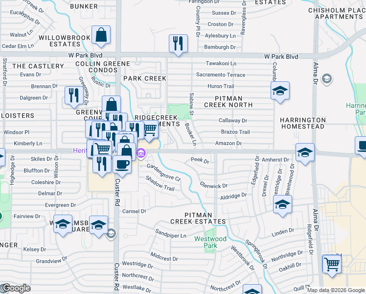 map of restaurants, bars, coffee shops, grocery stores, and more near 15 Tahoe Place in Plano