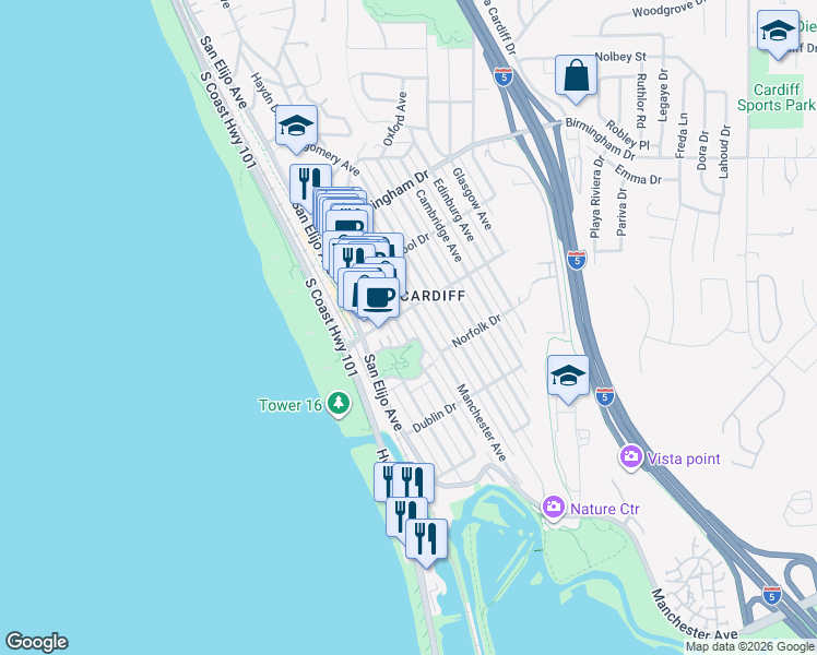 map of restaurants, bars, coffee shops, grocery stores, and more near 2225 Newcastle Avenue in Encinitas
