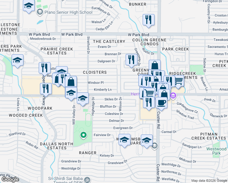 map of restaurants, bars, coffee shops, grocery stores, and more near in Plano