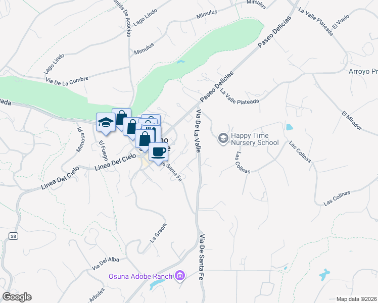 map of restaurants, bars, coffee shops, grocery stores, and more near 6143 Paseo Arbolado in Rancho Santa Fe