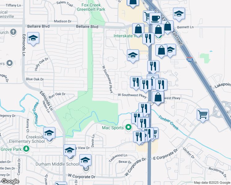 map of restaurants, bars, coffee shops, grocery stores, and more near 1793 Massey Drive in Lewisville
