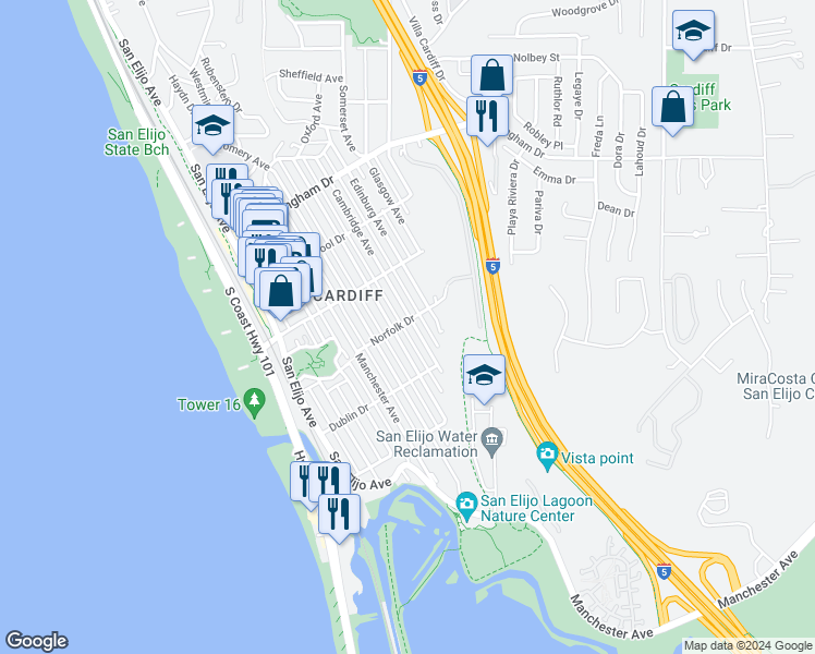 map of restaurants, bars, coffee shops, grocery stores, and more near 2310 Cambridge Avenue in Encinitas