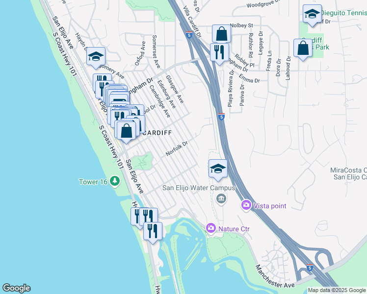 map of restaurants, bars, coffee shops, grocery stores, and more near 2310 Cambridge Avenue in Encinitas