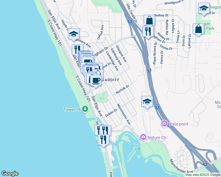 map of restaurants, bars, coffee shops, grocery stores, and more near 2265A Manchester Avenue in Encinitas