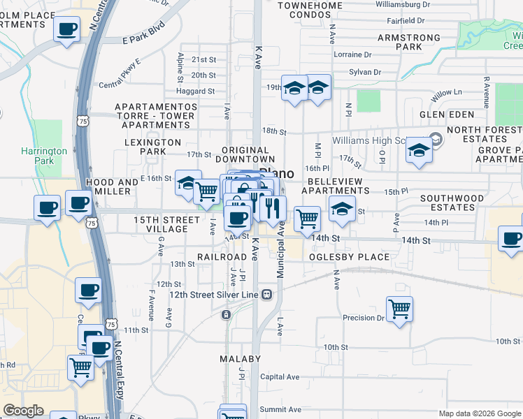 map of restaurants, bars, coffee shops, grocery stores, and more near in Plano