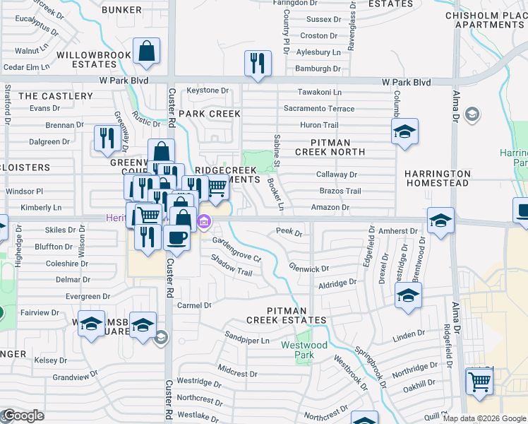 map of restaurants, bars, coffee shops, grocery stores, and more near 15 Tahoe Place in Plano