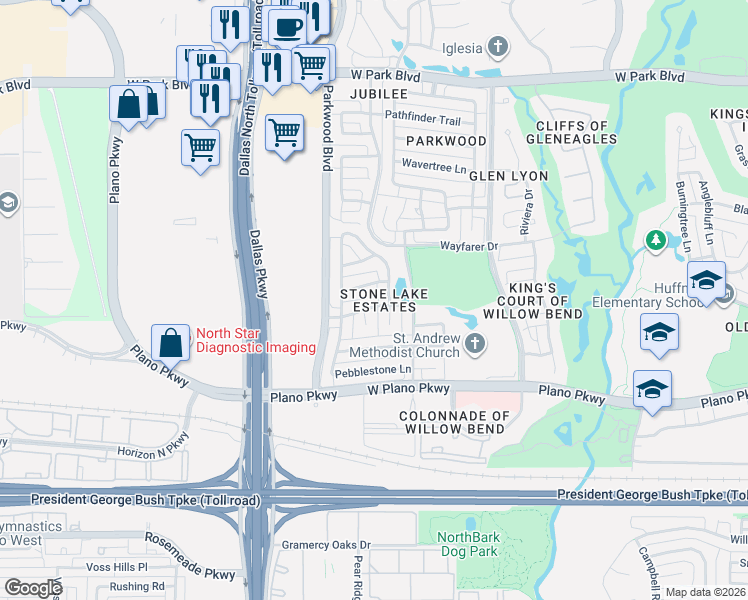 map of restaurants, bars, coffee shops, grocery stores, and more near 1507 Tiburon Drive in Plano