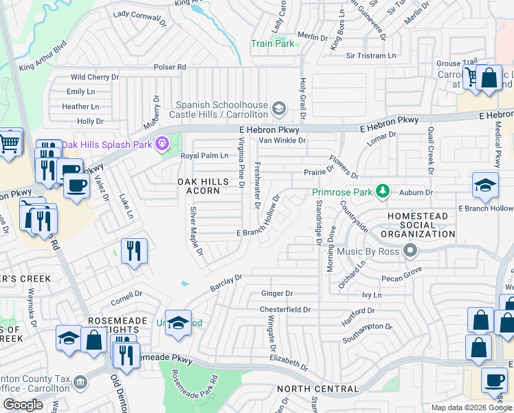 map of restaurants, bars, coffee shops, grocery stores, and more near 1417 East Branch Hollow Drive in Carrollton