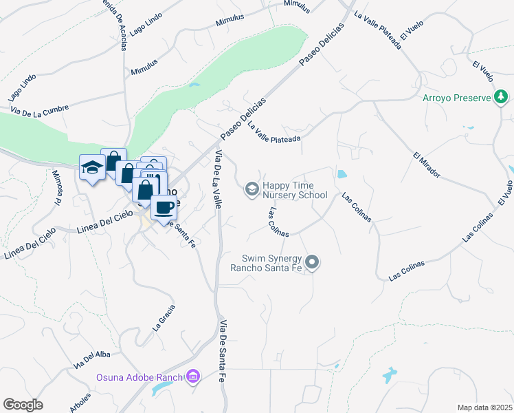 map of restaurants, bars, coffee shops, grocery stores, and more near 6345 Las Colinas in Rancho Santa Fe