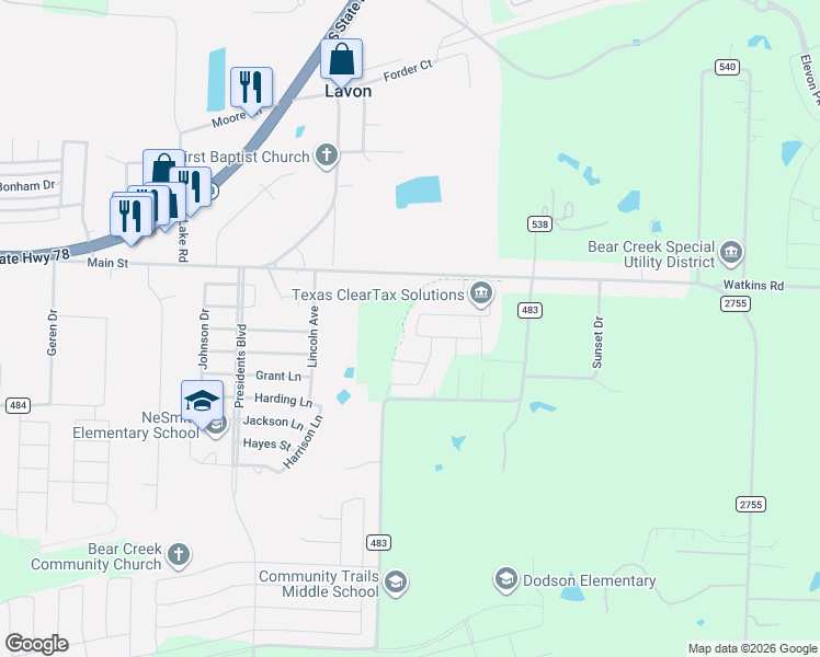 map of restaurants, bars, coffee shops, grocery stores, and more near 204 Sunshine Lane in Lavon