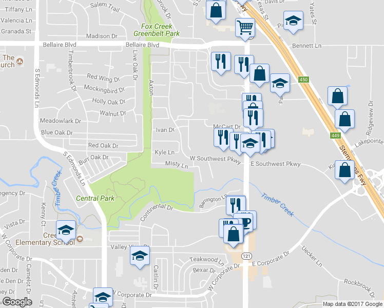 map of restaurants, bars, coffee shops, grocery stores, and more near 1705 West Southwest Parkway in Lewisville