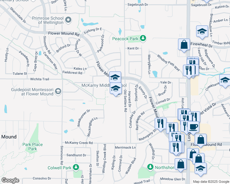 map of restaurants, bars, coffee shops, grocery stores, and more near 2525 Old Settlers Road in Flower Mound