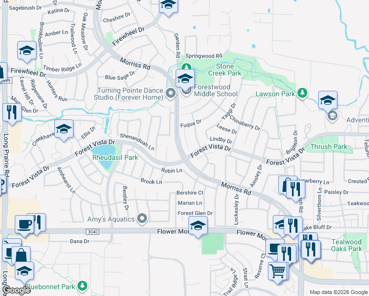 map of restaurants, bars, coffee shops, grocery stores, and more near 2709 Silver Maple Court in Flower Mound