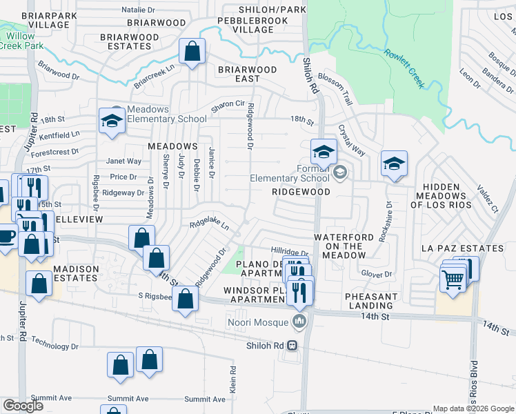 map of restaurants, bars, coffee shops, grocery stores, and more near 3 Ridgewood Circle in Plano