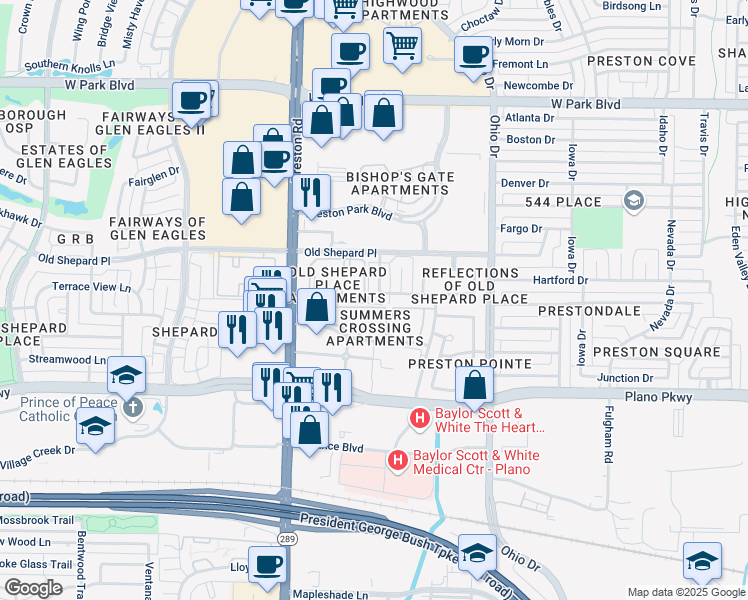 map of restaurants, bars, coffee shops, grocery stores, and more near 1501 Parliament Lane in Plano