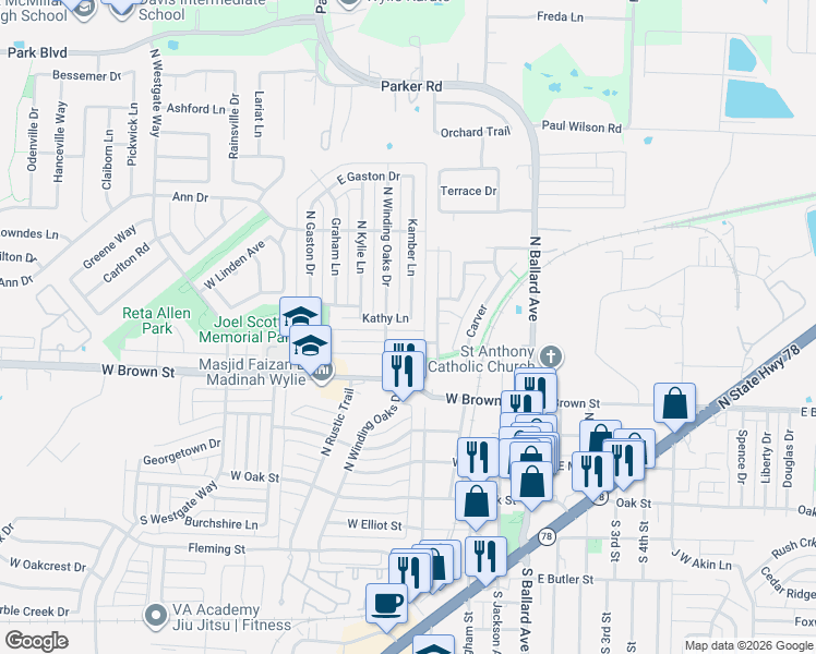 map of restaurants, bars, coffee shops, grocery stores, and more near 400 Vicki Lane in Wylie