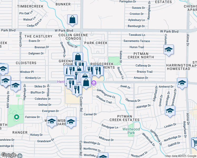 map of restaurants, bars, coffee shops, grocery stores, and more near 1905 West 15th Street in Plano