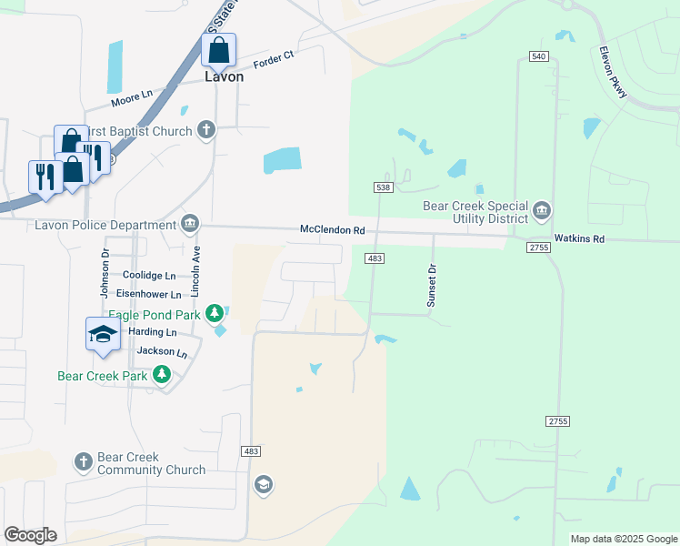map of restaurants, bars, coffee shops, grocery stores, and more near 269 Hawthorn Drive in Lavon