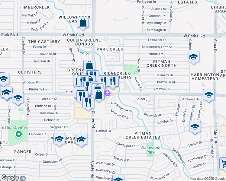 map of restaurants, bars, coffee shops, grocery stores, and more near 1905 West 15th Street in Plano