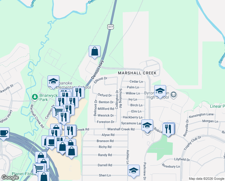 map of restaurants, bars, coffee shops, grocery stores, and more near 301 Oxford Court in Roanoke