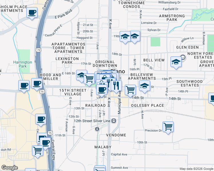 map of restaurants, bars, coffee shops, grocery stores, and more near in Plano