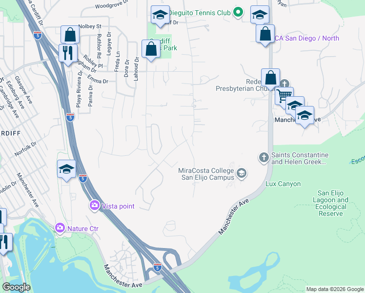 map of restaurants, bars, coffee shops, grocery stores, and more near 2111 Wales Drive in Encinitas