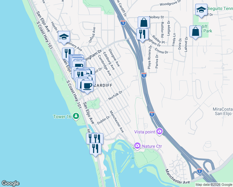 map of restaurants, bars, coffee shops, grocery stores, and more near 312 Norfolk Drive in Encinitas