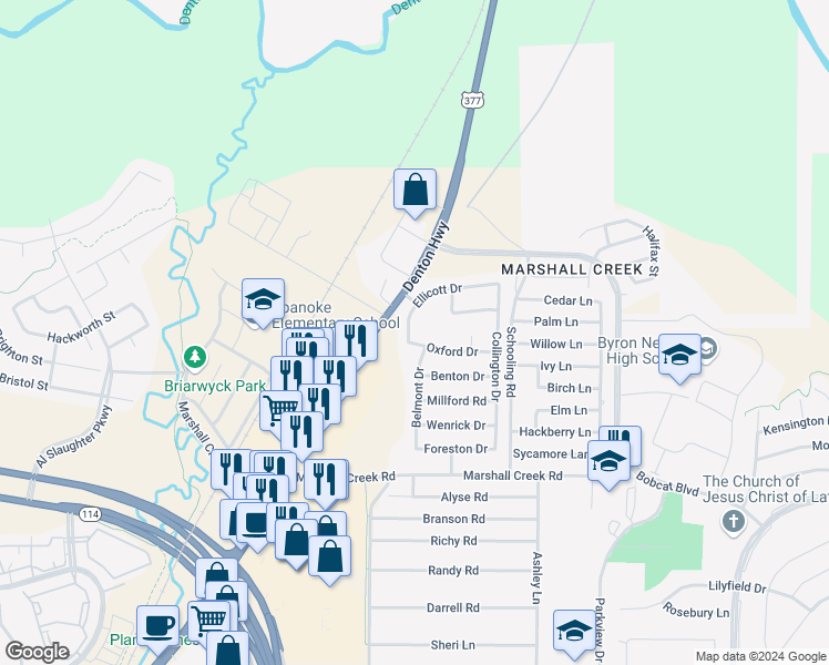 map of restaurants, bars, coffee shops, grocery stores, and more near 104 Ellicott Drive in Roanoke