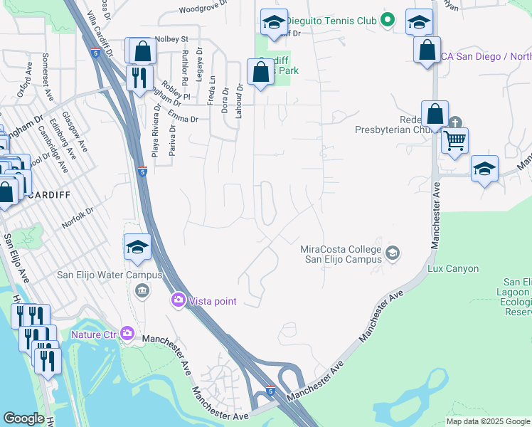 map of restaurants, bars, coffee shops, grocery stores, and more near 2093 Sea Village Circle in Encinitas
