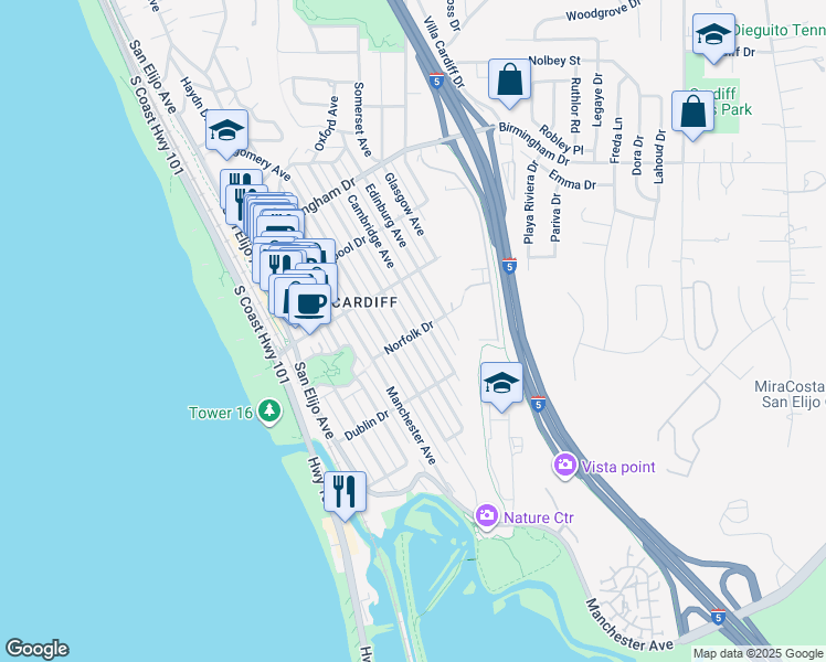 map of restaurants, bars, coffee shops, grocery stores, and more near 312 Norfolk Drive in Encinitas