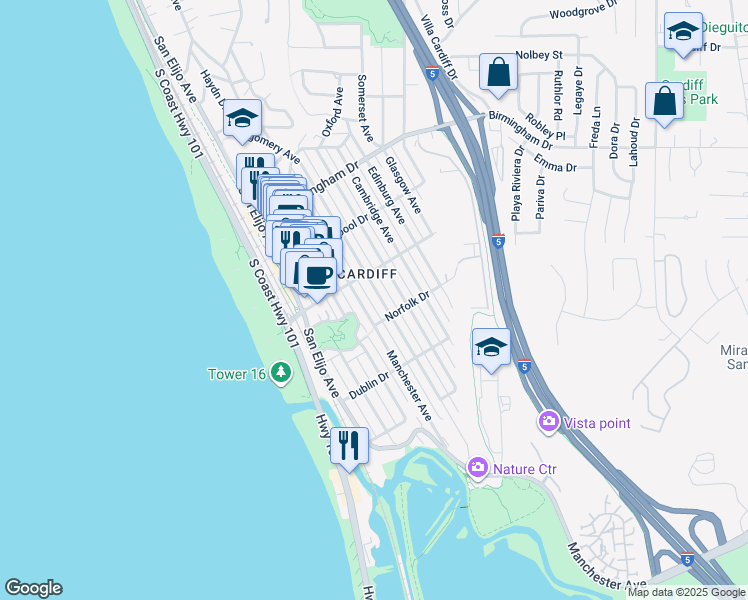 map of restaurants, bars, coffee shops, grocery stores, and more near 2265A Manchester Avenue in Encinitas