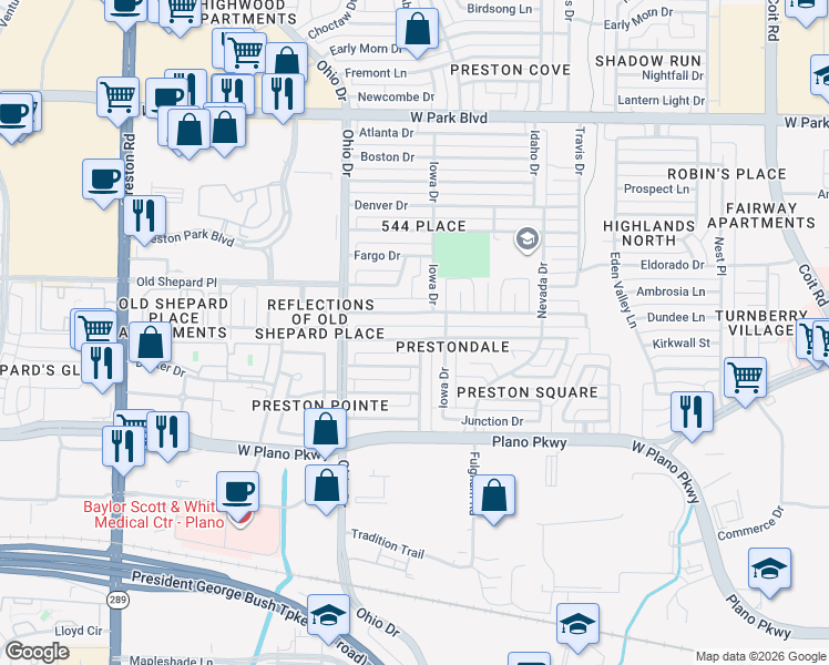 map of restaurants, bars, coffee shops, grocery stores, and more near 4516 Jenning Drive in Plano