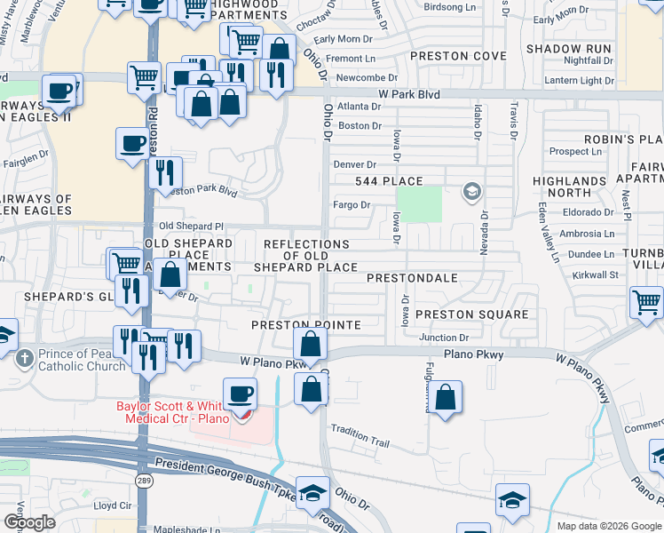 map of restaurants, bars, coffee shops, grocery stores, and more near 4544 Jenning Drive in Plano