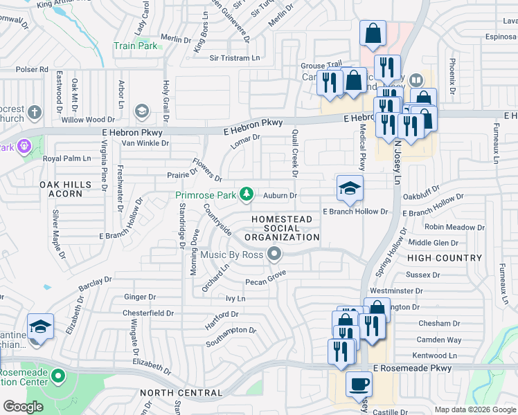 map of restaurants, bars, coffee shops, grocery stores, and more near 1722 East Branch Hollow Drive in Carrollton