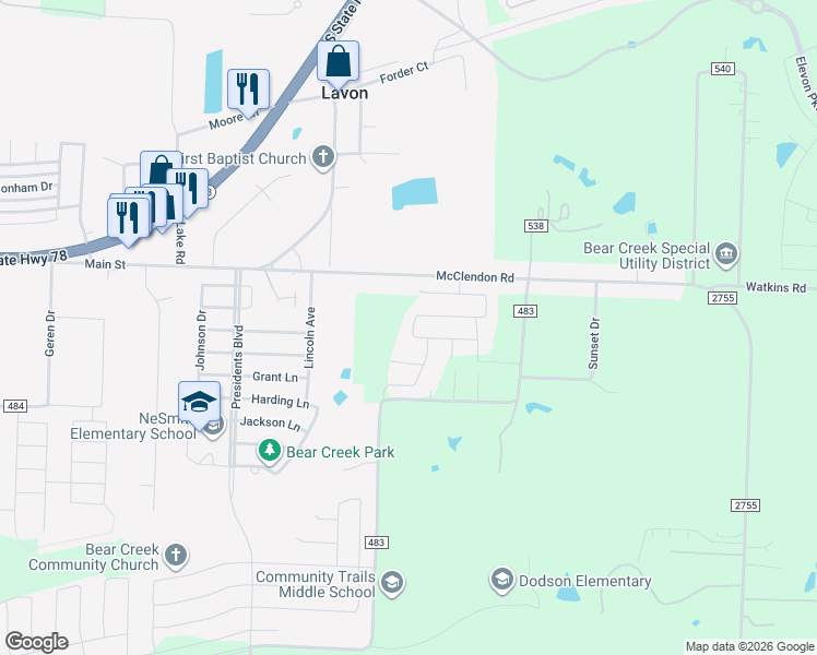 map of restaurants, bars, coffee shops, grocery stores, and more near 200 Villas Drive in Lavon