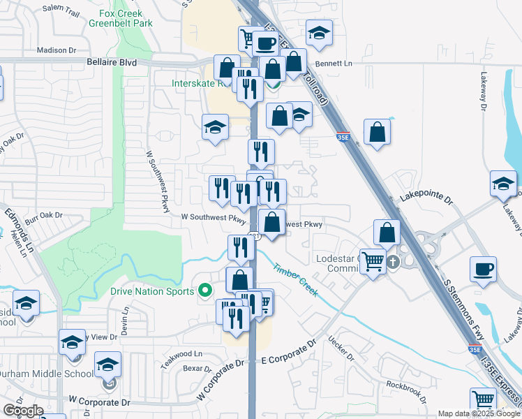 map of restaurants, bars, coffee shops, grocery stores, and more near 101 East Southwest Parkway in Lewisville